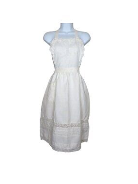 Vintage Hand-Embroidered White Apron Lace Trim Linen Cotton by Paper White